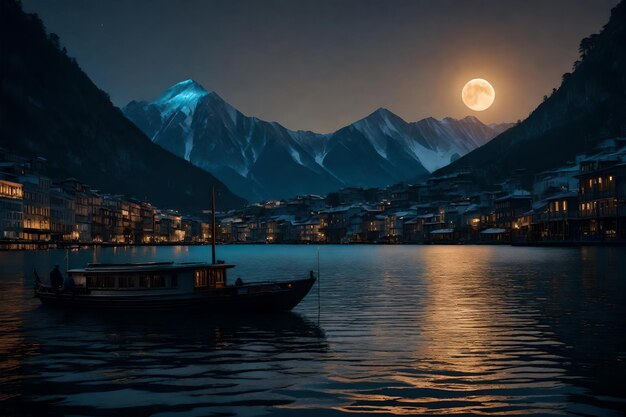 Photo a city at night with a boat and a mountain in the background