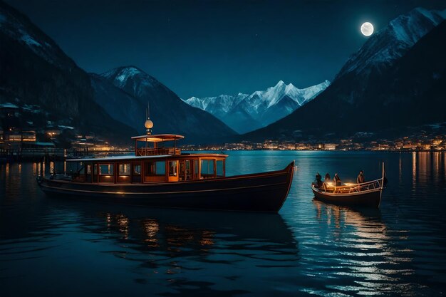 Photo a city at night with a boat and a mountain in the background