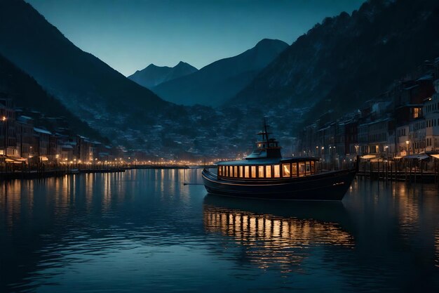A city at night with a boat and a mountain in the background