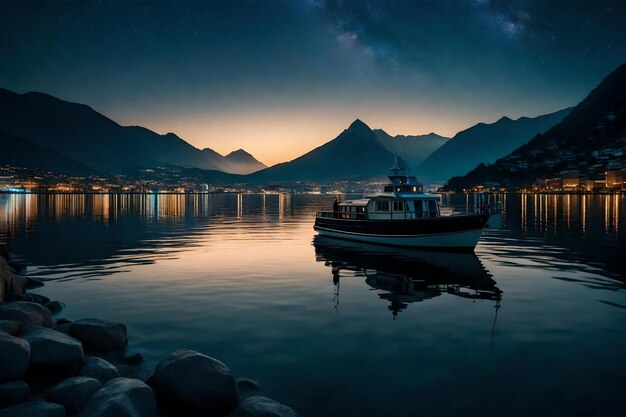 Photo a city at night with a boat and a mountain in the background