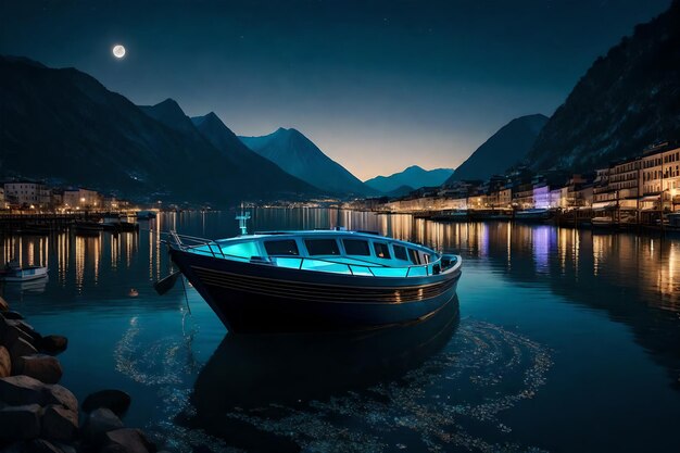 Photo a city at night with a boat and a mountain in the background