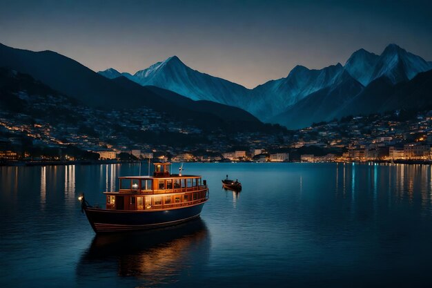 Photo a city at night with a boat and a mountain in the background