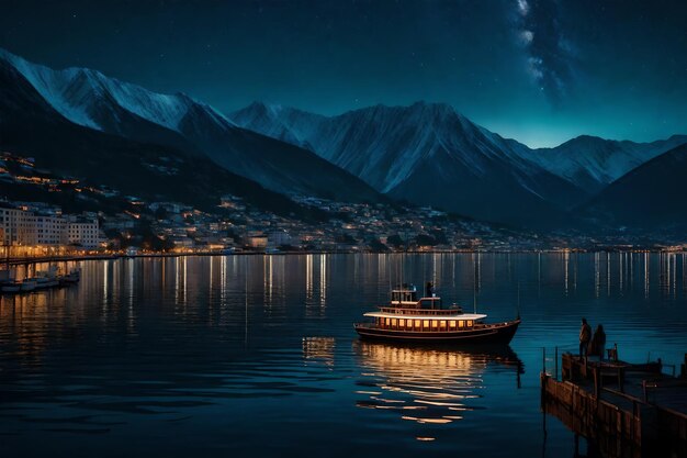 Photo a city at night with a boat and a mountain in the background