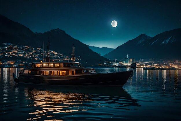 Photo a city at night with a boat and a mountain in the background