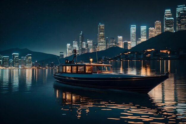 Photo a city at night with a boat and a mountain in the background