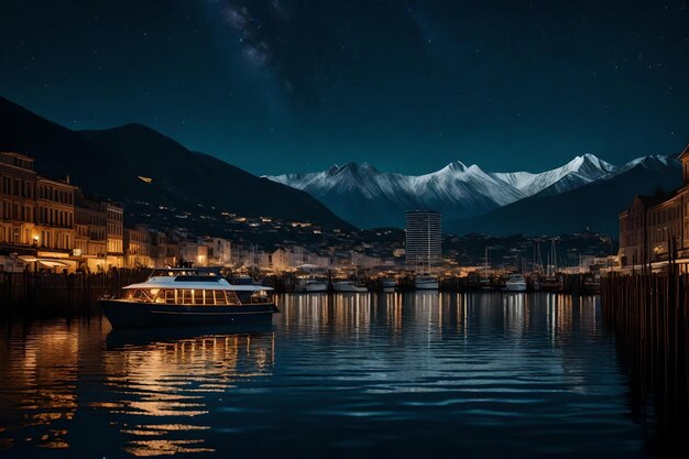 Photo a city at night with a boat and a mountain in the background