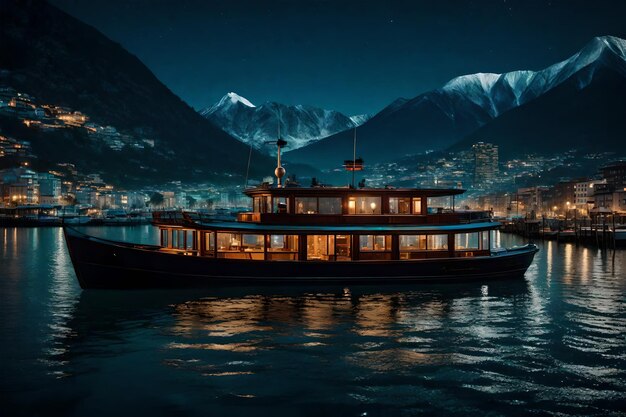 Photo a city at night with a boat and a mountain in the background