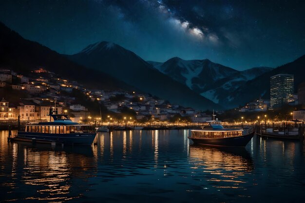Photo a city at night with a boat and a mountain in the background