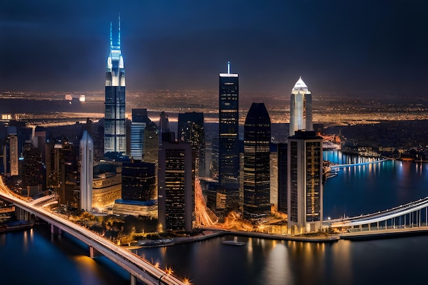 A city at night with a bridge and a skyscraper