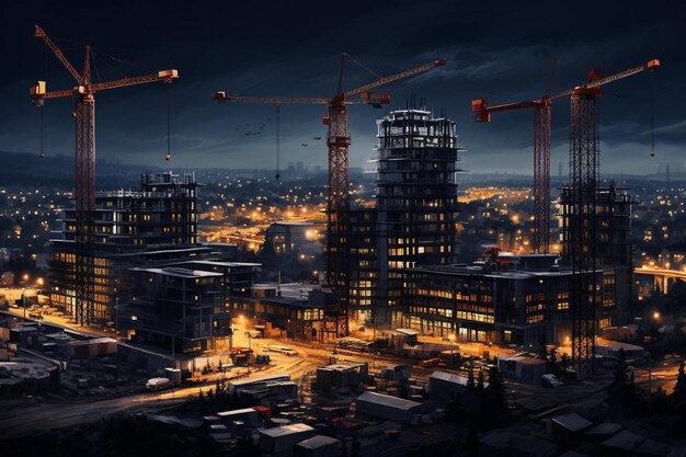 Photo a city at night with construction cranes in the foreground