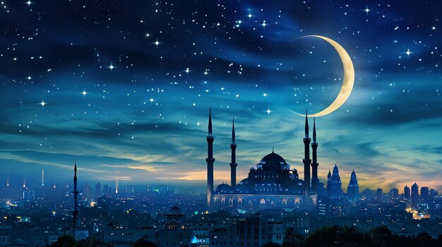 Photo a city at night with a crescent moon and a mosque with moon in the sky