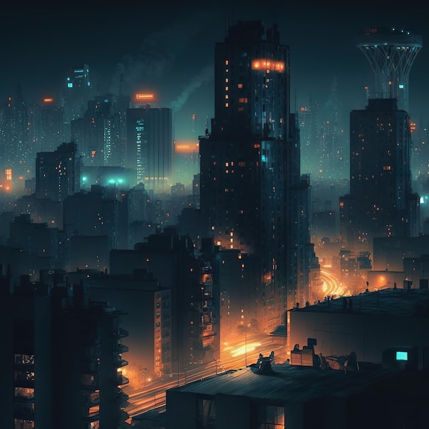 A city at night with a dark background and a cityscape.