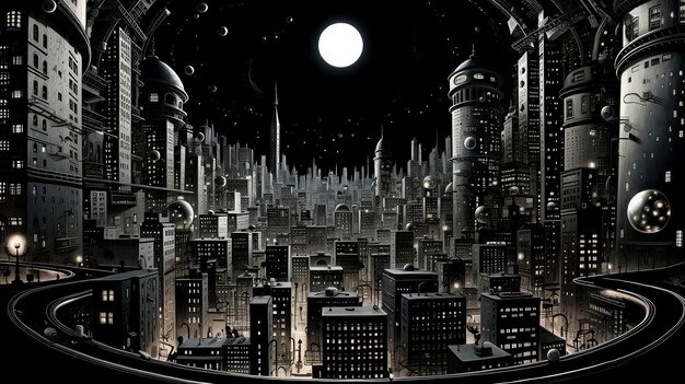 Foto città di notte con la luna piena nel cielo illustrazione 3d