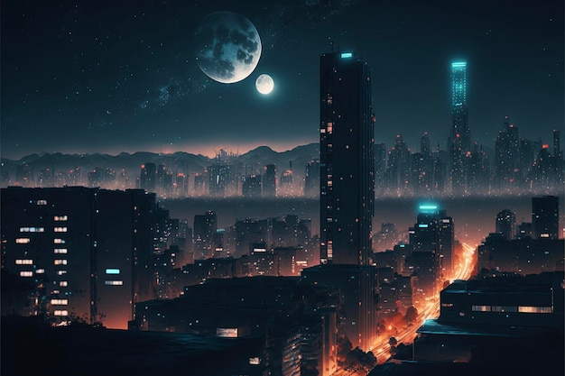 City at night with a full moon in the sky generative ai