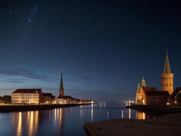 Photo a city at night with a lake and a church in the background