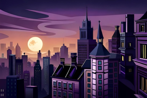 A city at night with the moon in the background.