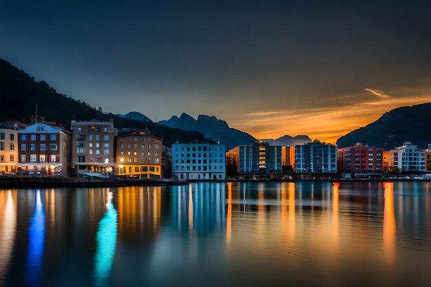 a city at night with a mountain in the background