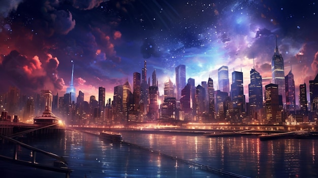 A city at night with a myriad of lights and stars