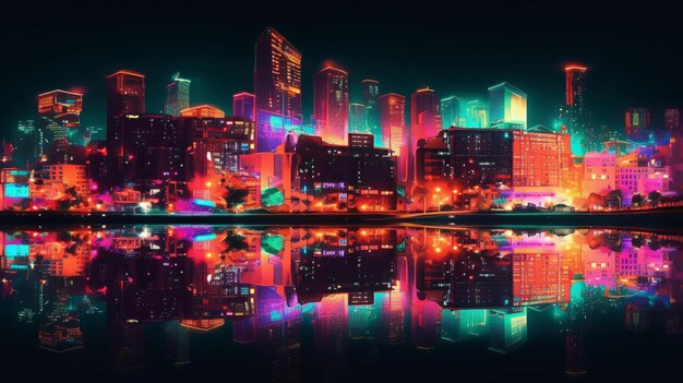 A city at night with neon lights reflecting in the water