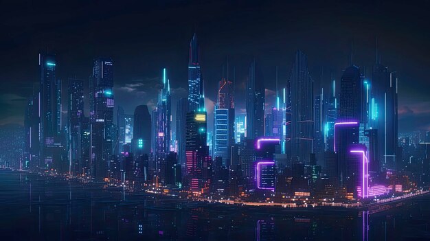 A city in the night with a neon purple light