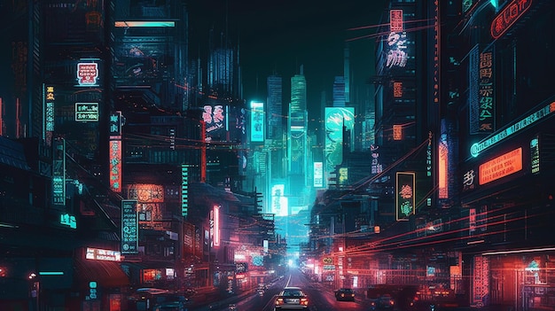 A city in the night with neon signs