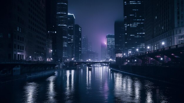 A city at night with a river and buildings lit up in the dark