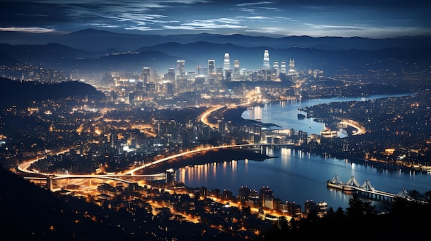 City at night with the sparkling lights of the metropolitan city from the top of the mountain