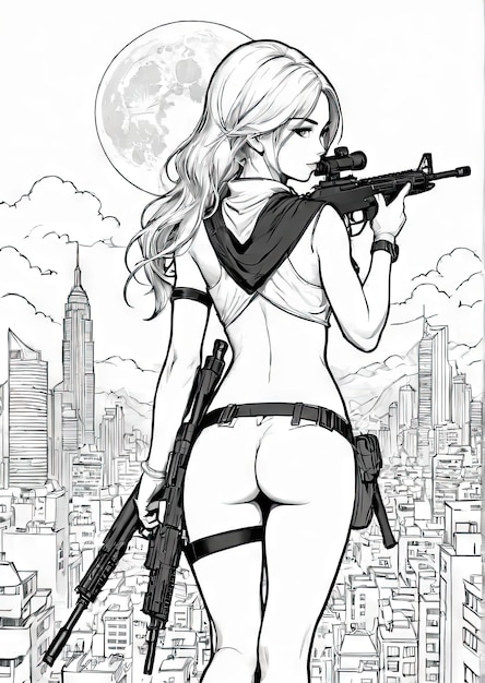 Photo city nightwatch woman sniper soldier in coloring page generated by ai