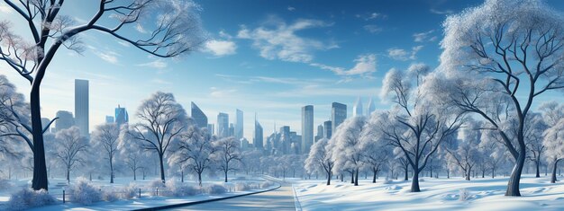 Photo a city park in hoarfrost after a night fog residential buildings in the distance