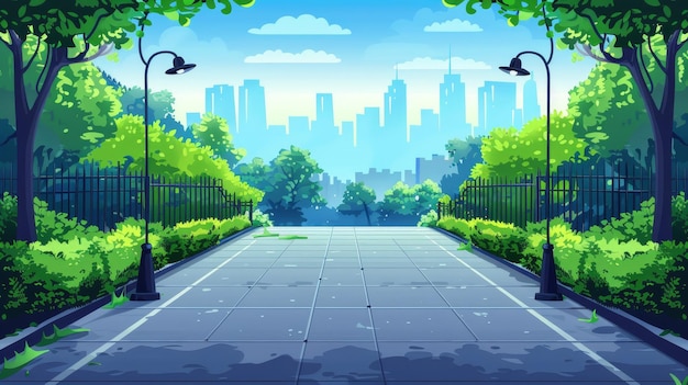 City park landscape background Cartoon modern skyline with road Cityscape urban illustration with asphalt walking paths and green trees Contemporary architecture perspective view