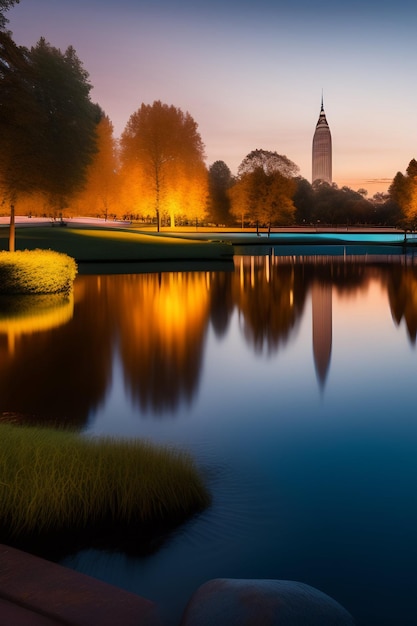 City park with beautiful lake evening