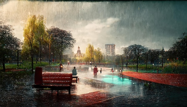 City park with a bench in rainy weather on a summer day