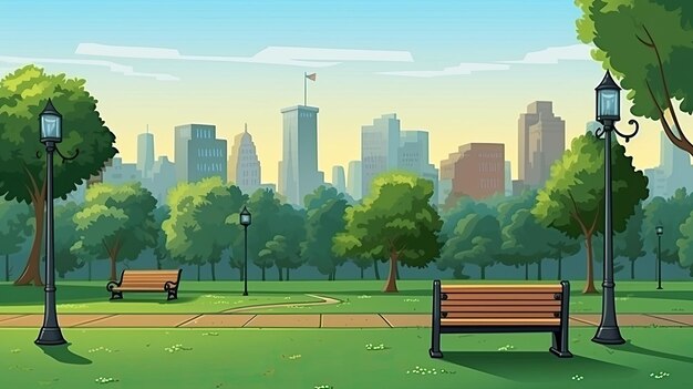 Фото Городской парк с зелеными деревьями и травой деревянная скамейка