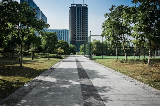 Foto parco cittadino con sfondo di edificio moderno