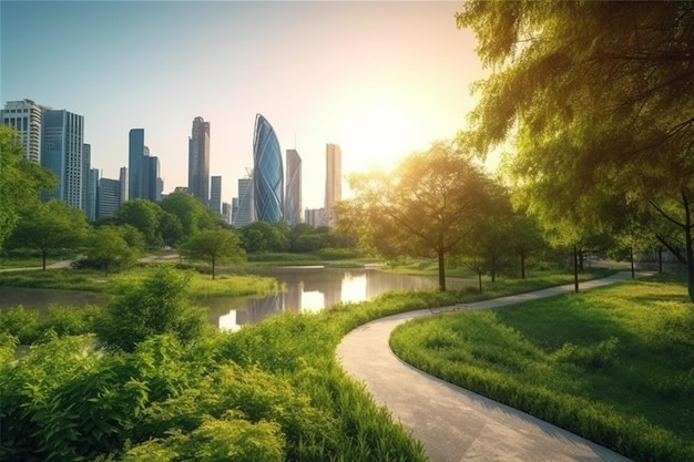 高層ビルと緑の芝生の 3 d レンダリングを持つ都市公園