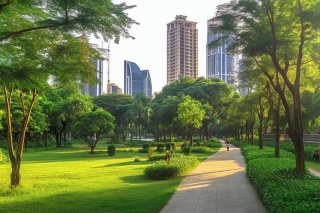 高層ビルと緑の芝生の 3 d レンダリングを持つ都市公園