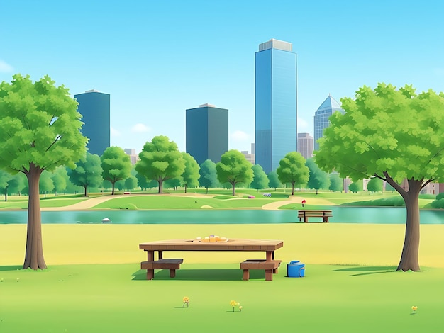 Foto parco cittadino con tavoli da picnic in legno e panchine, alberi verdi, erba fiorita ed edifici cittadini