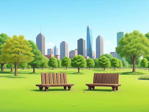 City park with wooden picnic tables and benches green trees flowering grass and city buildings