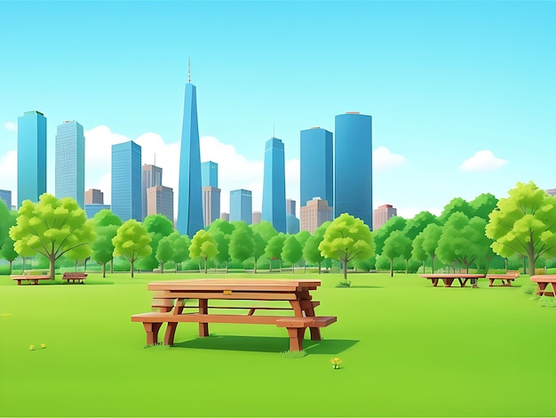 木製のピクニック テーブルとベンチのある都市公園、緑の木々、花の咲く草、都市の建物