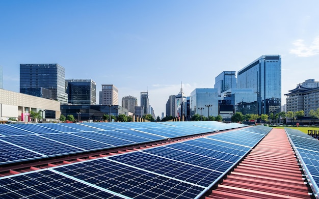 City and photovoltaic panel combined with landscape