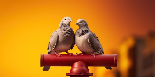 City pigeons on an old traffic light with a city background