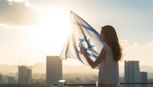 city protest Israel flag in sunlight