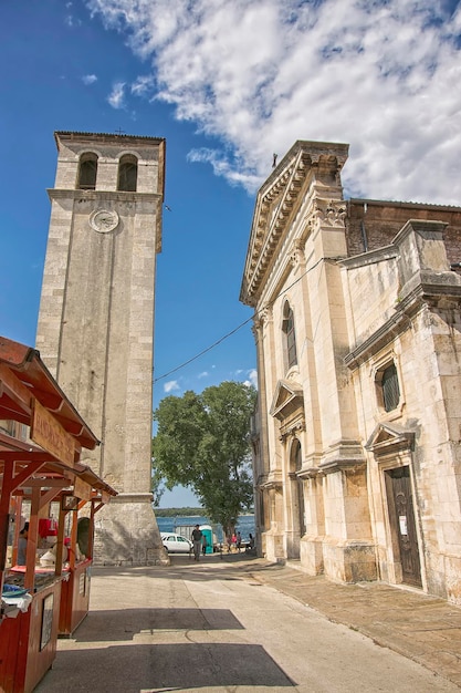 City of Pula street market near cathedral and bell tower in summer