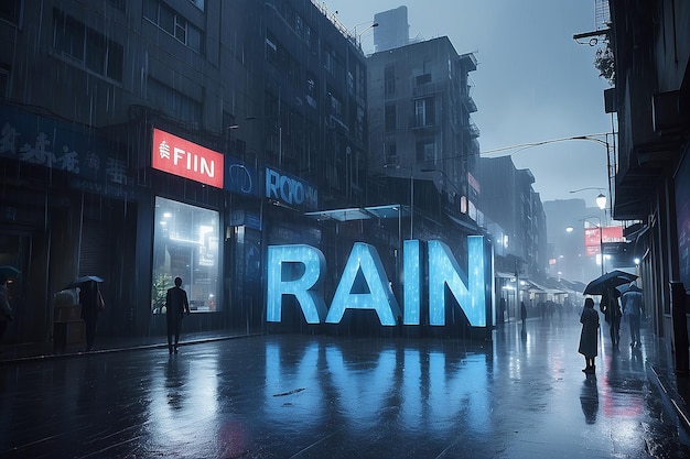 A city in the rain with a blue light and the word rain on it