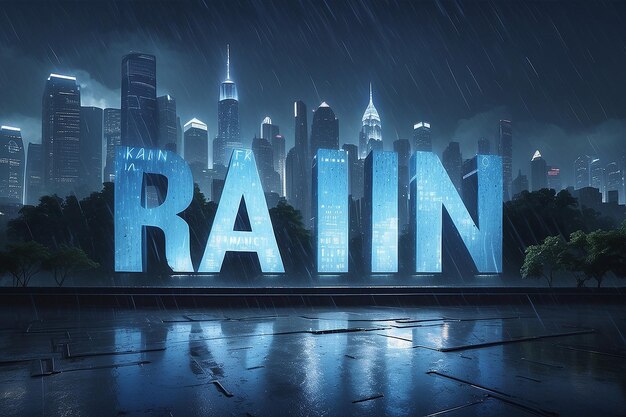 A city in the rain with a blue light and the word rain on it