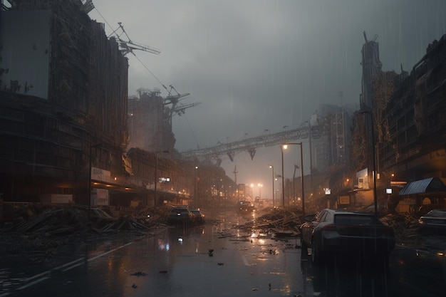 A city in the rain with a broken building and a sign that says'zombie apocalypse '