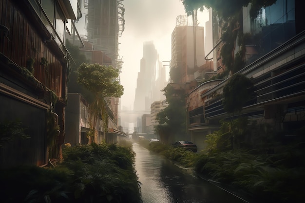 A city in the rain with a car in the foreground and a building with a jungle in the background.