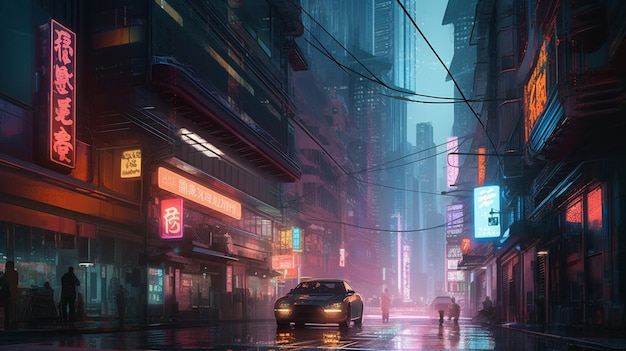 A city in the rain with a car on the street