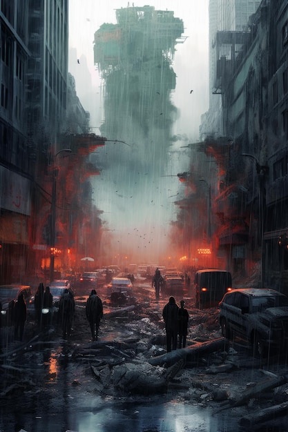 Город под дождем на фоне темного города