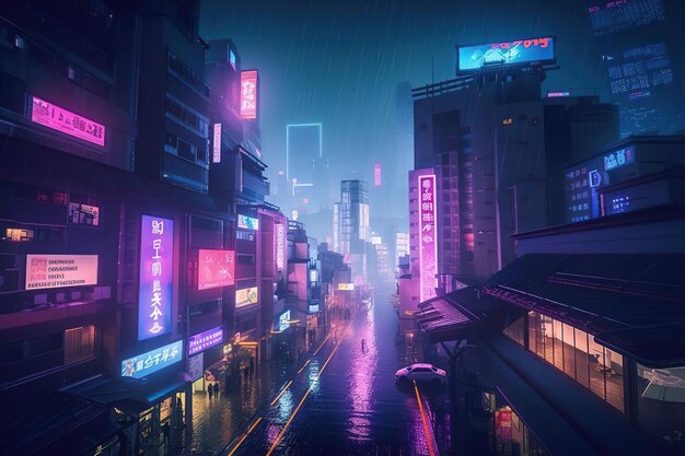 A city in the rain with neon signs